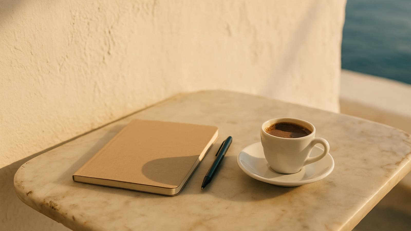Closed notebook and pen beside a cup of coffee on a small marble table