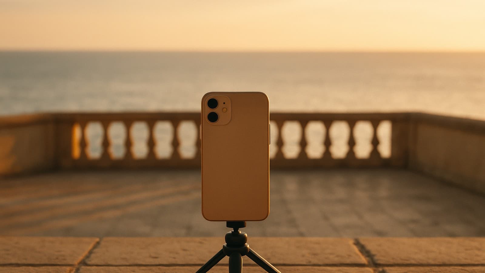 Phone on a small tripod, seen from behind, filming an empty stone terrace above the sea