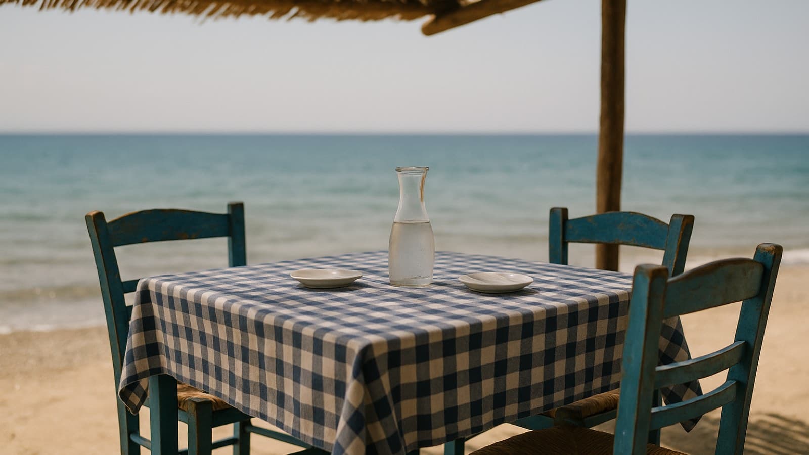 Τραπέζι σε παραθαλάσσια ταβέρνα με μπλε ξύλινες καρέκλες και καράφα νερό