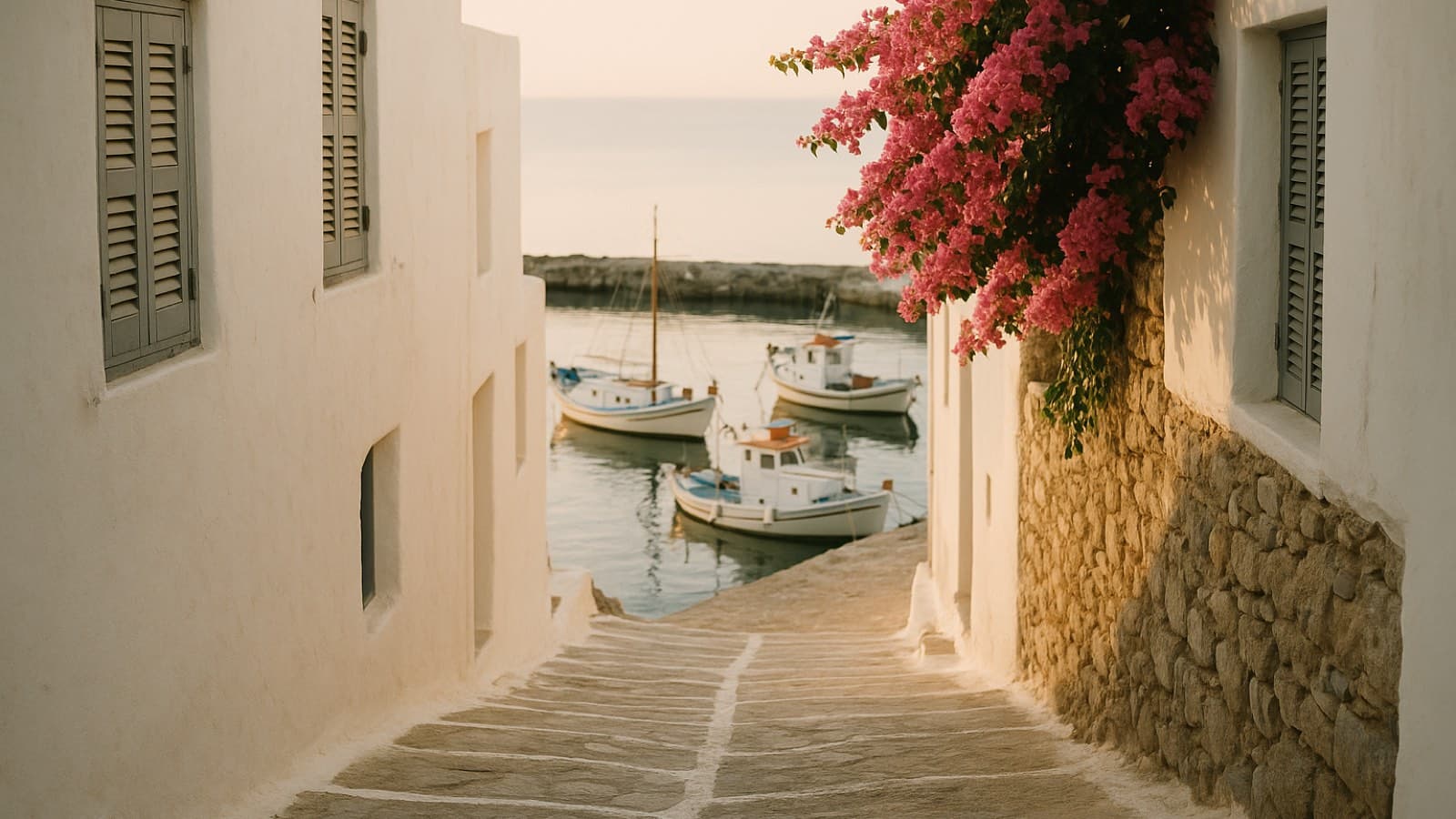 Narrow whitewashed lane sloping down to a small harbour with fishing boats