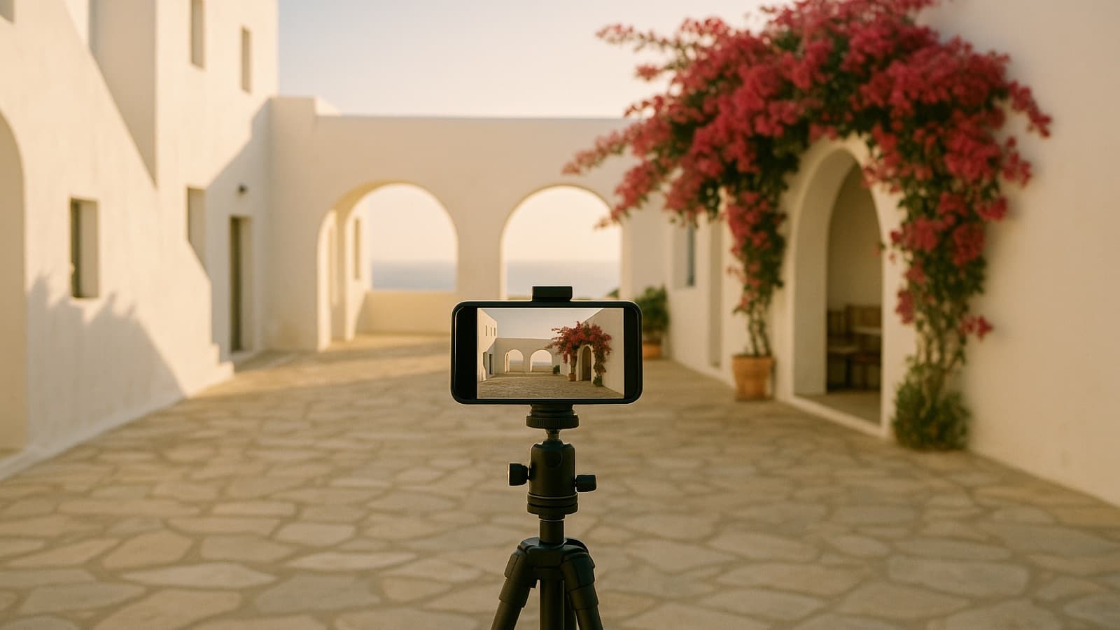 A single smartphone on a tripod filming an empty whitewashed hotel courtyard with bougainvillea