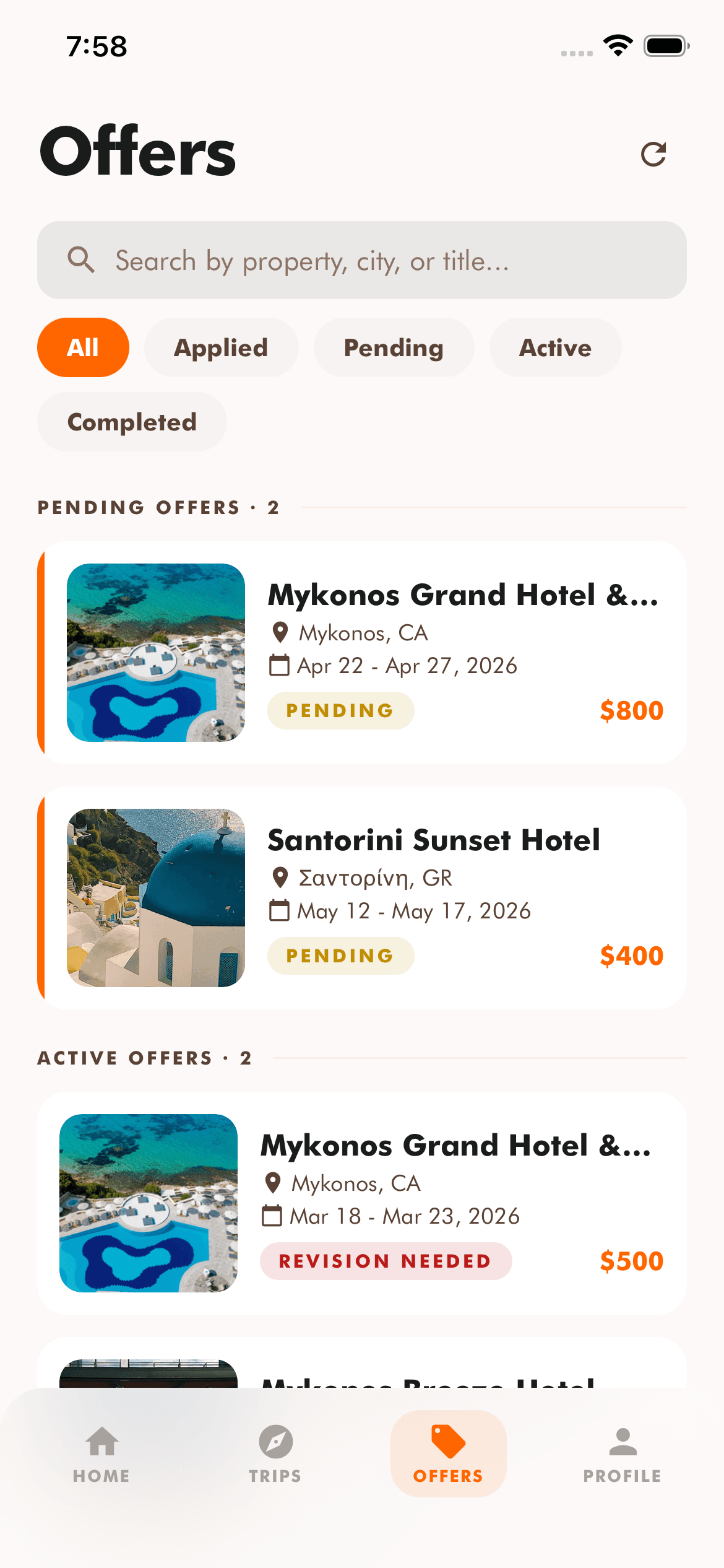 easyInfluencer mobile app showing active offers and pending stays